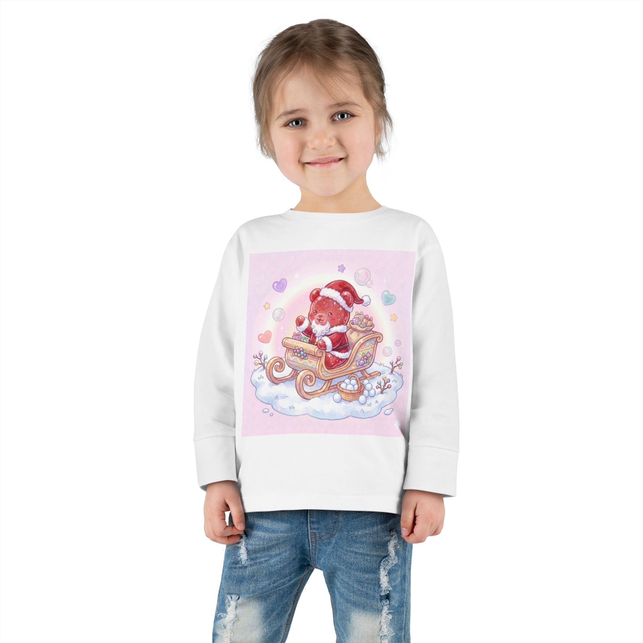 Cute Santa Oozy Bear in Sleigh Christmas- Graphic Long Sleeve Shirt