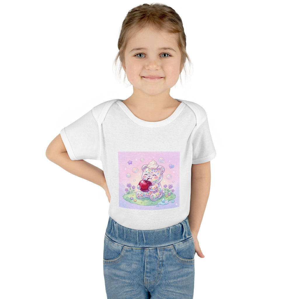 Gooey Gummy Birthday Sprinkles Cake bear eating a Cherry- Infant Onesie