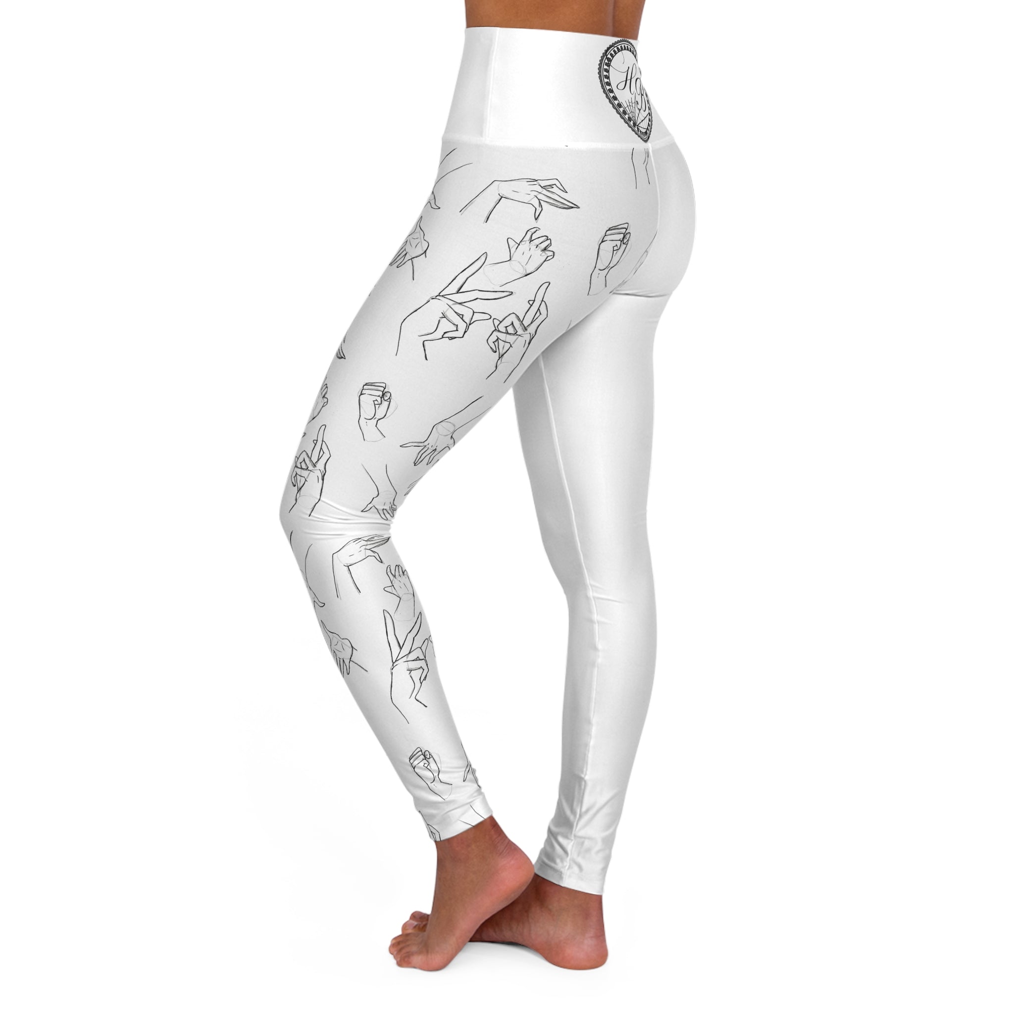 High-Waisted Yoga Leggings — Minimalist Hand-Drawn Hands Print