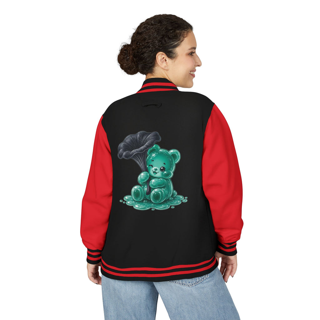 Black Trumpet Mushroom, Teal Oozy Bear Gummy Friend- Letterman Graphic Jacket