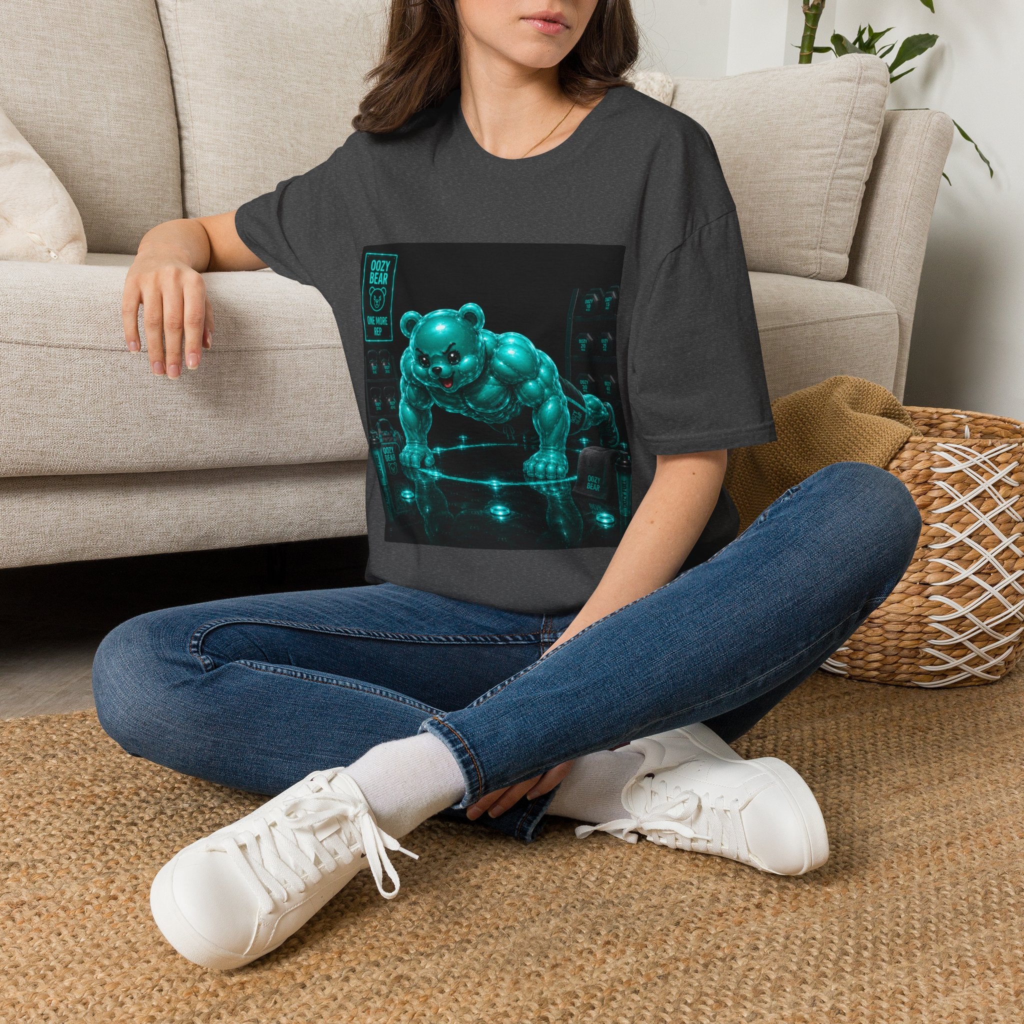 Neon Fitness Push Ups, Teal Oozy Buff Bear Gummy Gym Addition- Adult Graphic Shirt
