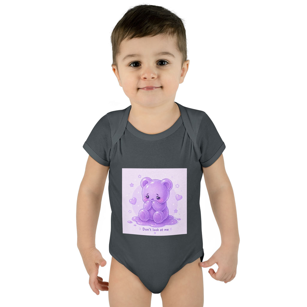 Purple Gooey Gummy Shy bear Baby Bodysuit - "Don't Look at Me" Cute Infant Onesie
