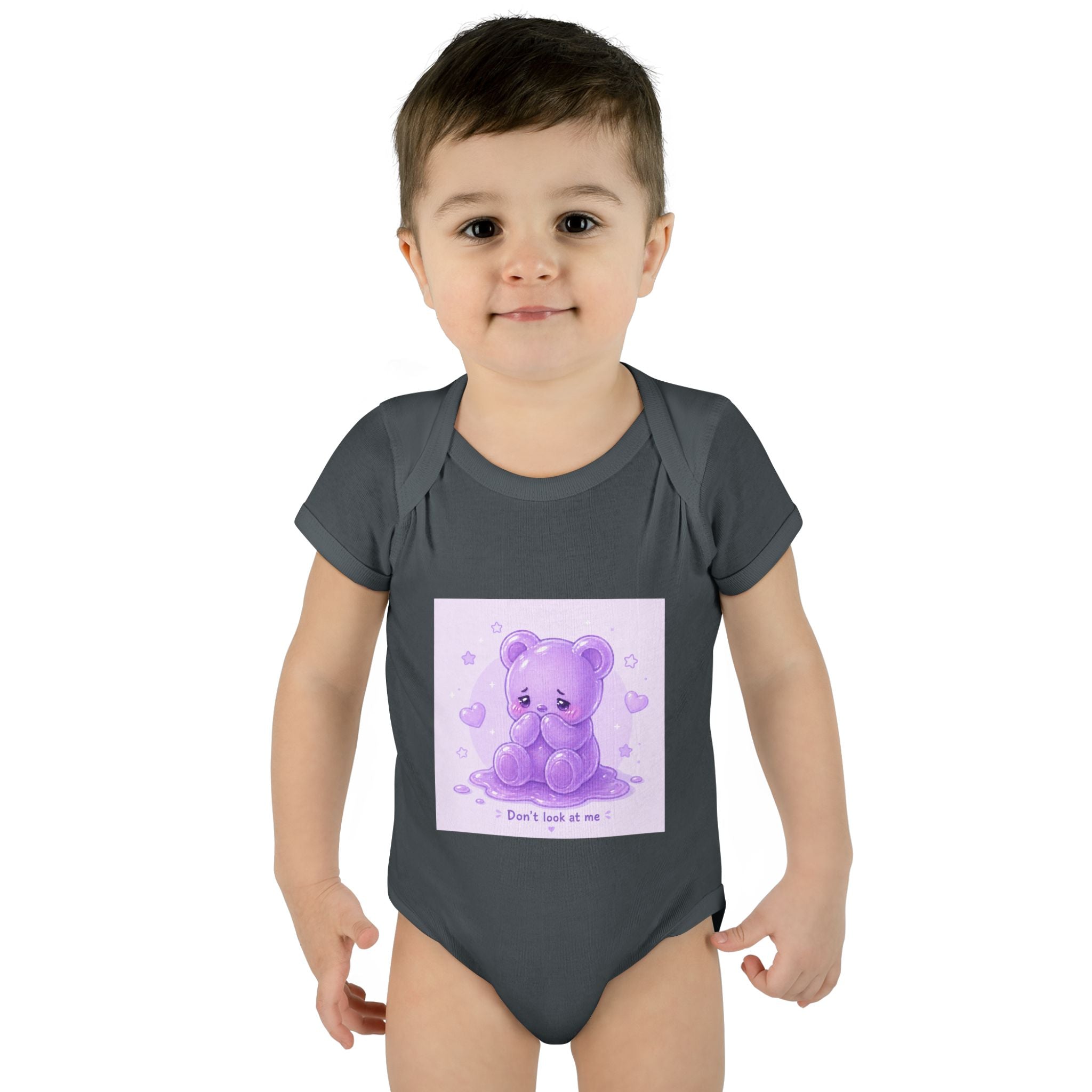 Purple Gooey Gummy Shy bear Baby Bodysuit - "Don't Look at Me" Cute Infant Onesie