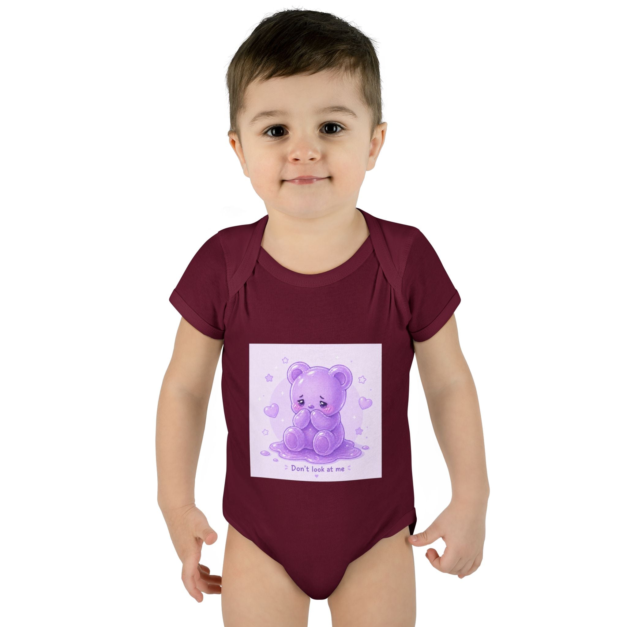 Purple Gooey Gummy Shy bear Baby Bodysuit - "Don't Look at Me" Cute Infant Onesie