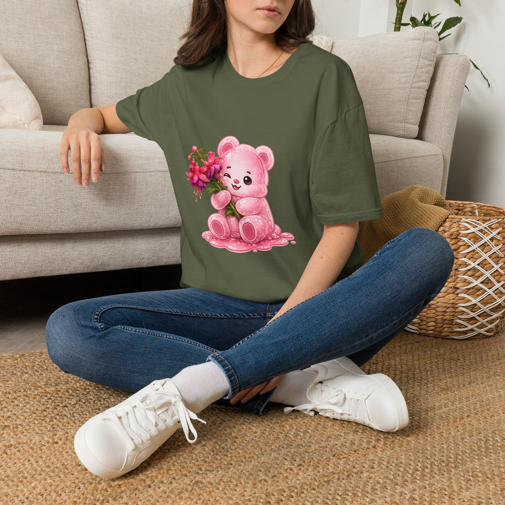 Tropical Pink Flowers, Pretty Pale Oozy Bear Friend- Graphic Shirt