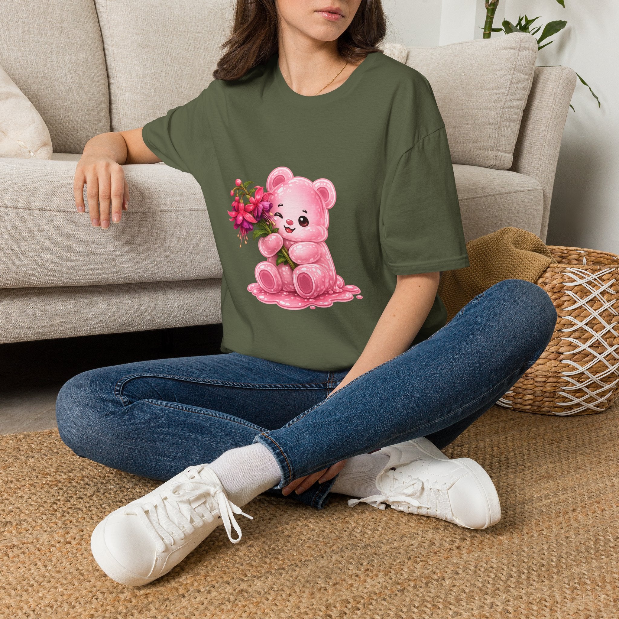 Tropical Pink Flowers, Pretty Pale Oozy Bear Friend- Graphic Shirt