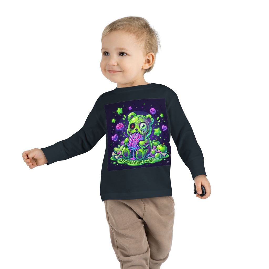Neon Zombie Oozy Bear Gummy Halloween Addition- Kids Graphic Long Sleeve Shirt