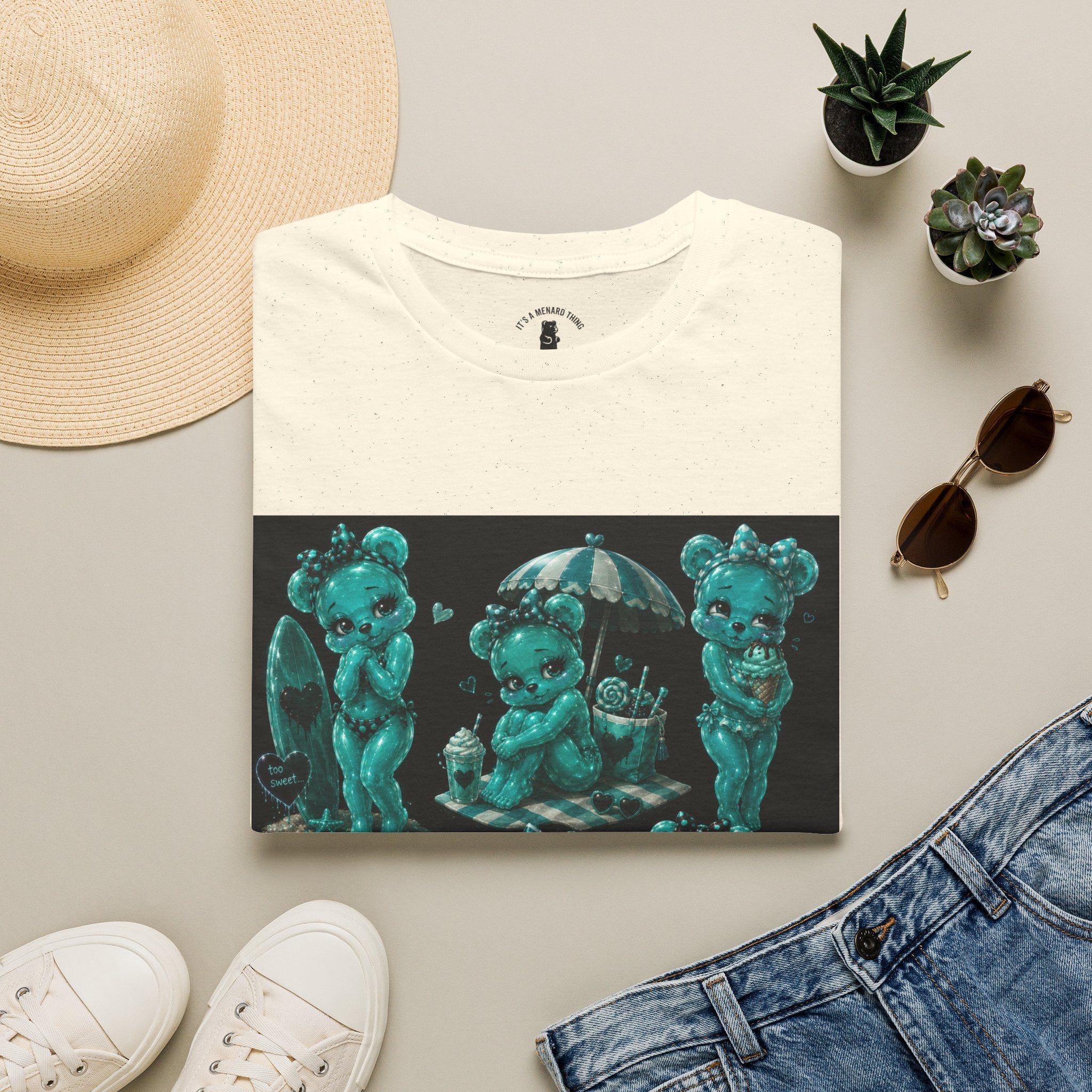 Kawaii Shy Teal Beach Babe Oozy Bear Gummy Pin Up- Adult Graphic Shirt (18+)