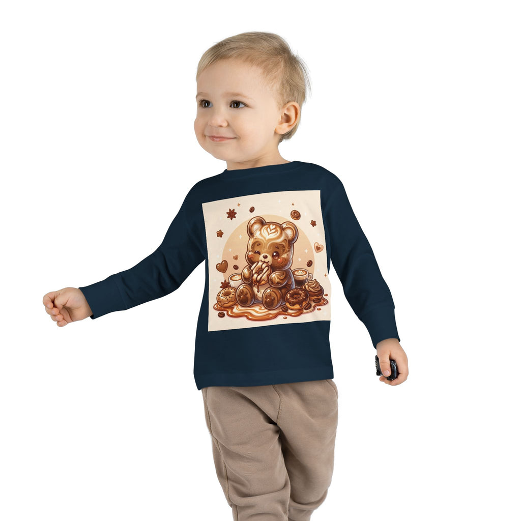 Coffee & Donuts with Chocolate, Oozy Bear Gummy Girls— Kids Illustrated Long Sleeve Shirt