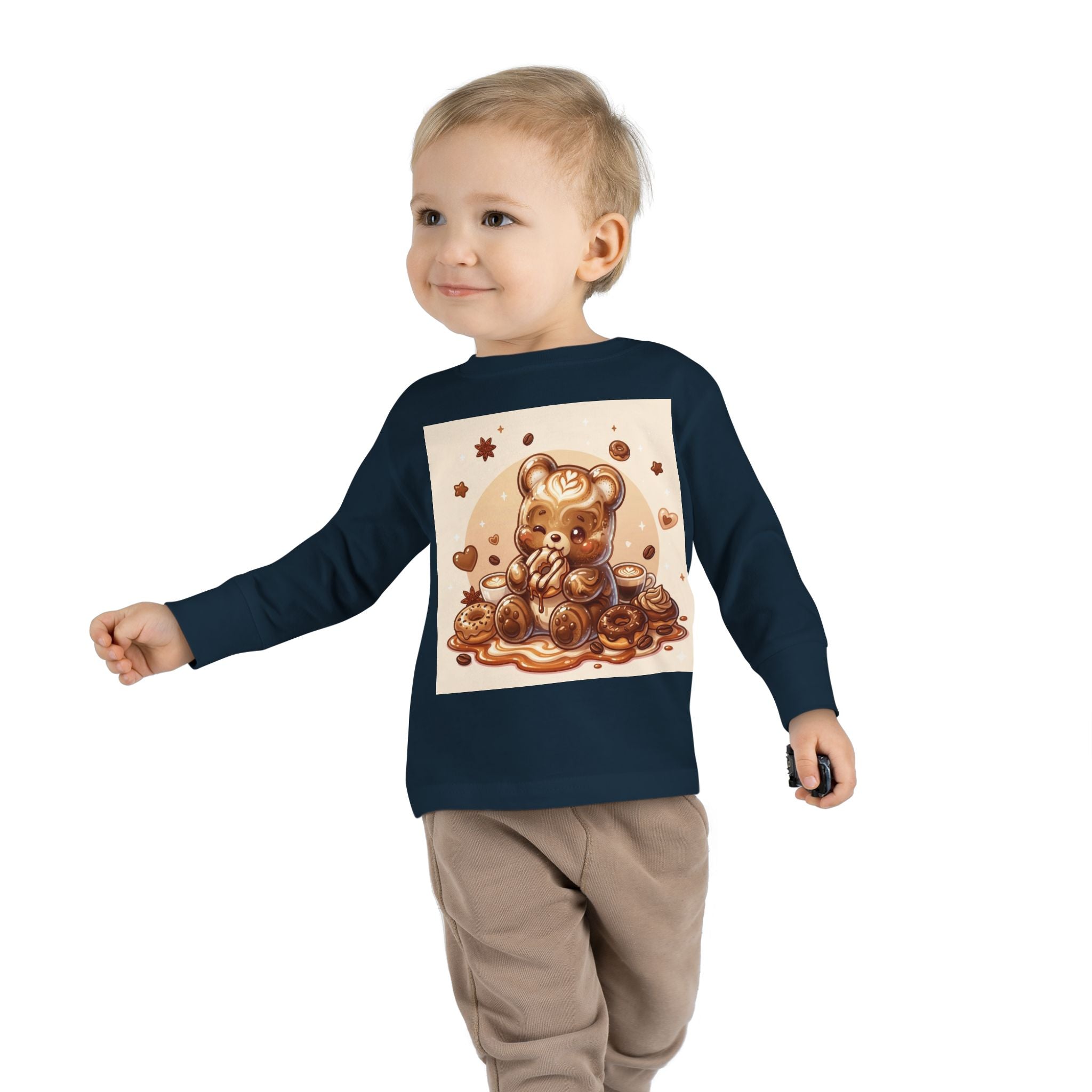 Coffee & Donuts with Chocolate, Oozy Bear Gummy Girls— Kids Illustrated Long Sleeve Shirt