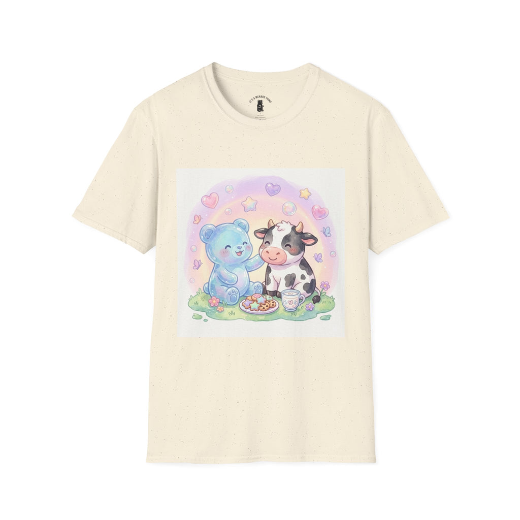 Blue Gooey Gummy Friend sharing Milk & Cookies — Pastel Graphic T-Shirt