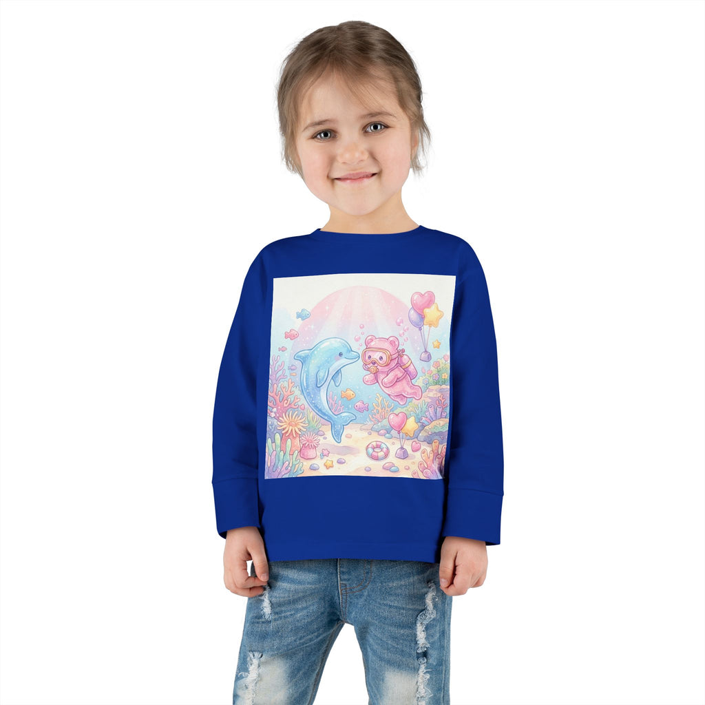 Cute Dolphin & Scuba Oozy Bear Pastel Underwater Friends- Graphic Long Sleeve Shirt
