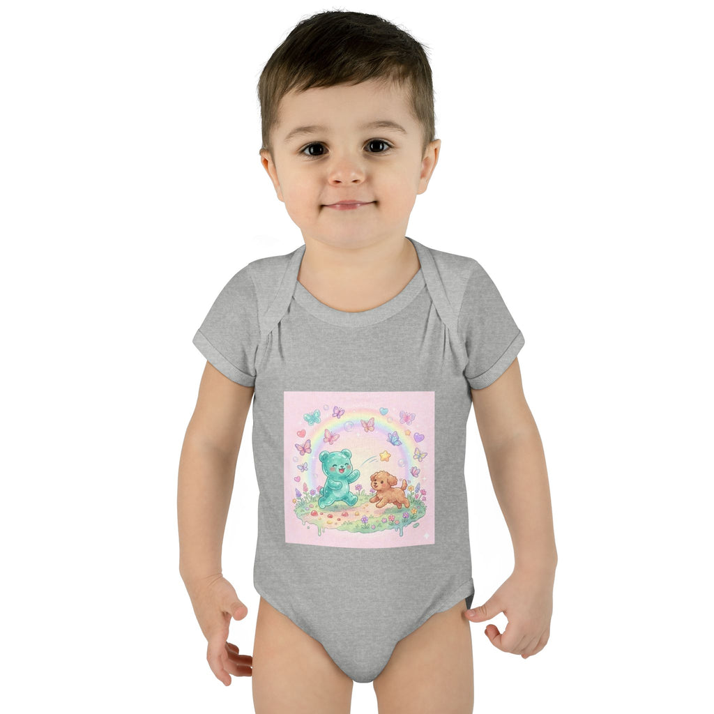Gooey Gummy Playing Fetch with Puppy, Cute Infant Onesie