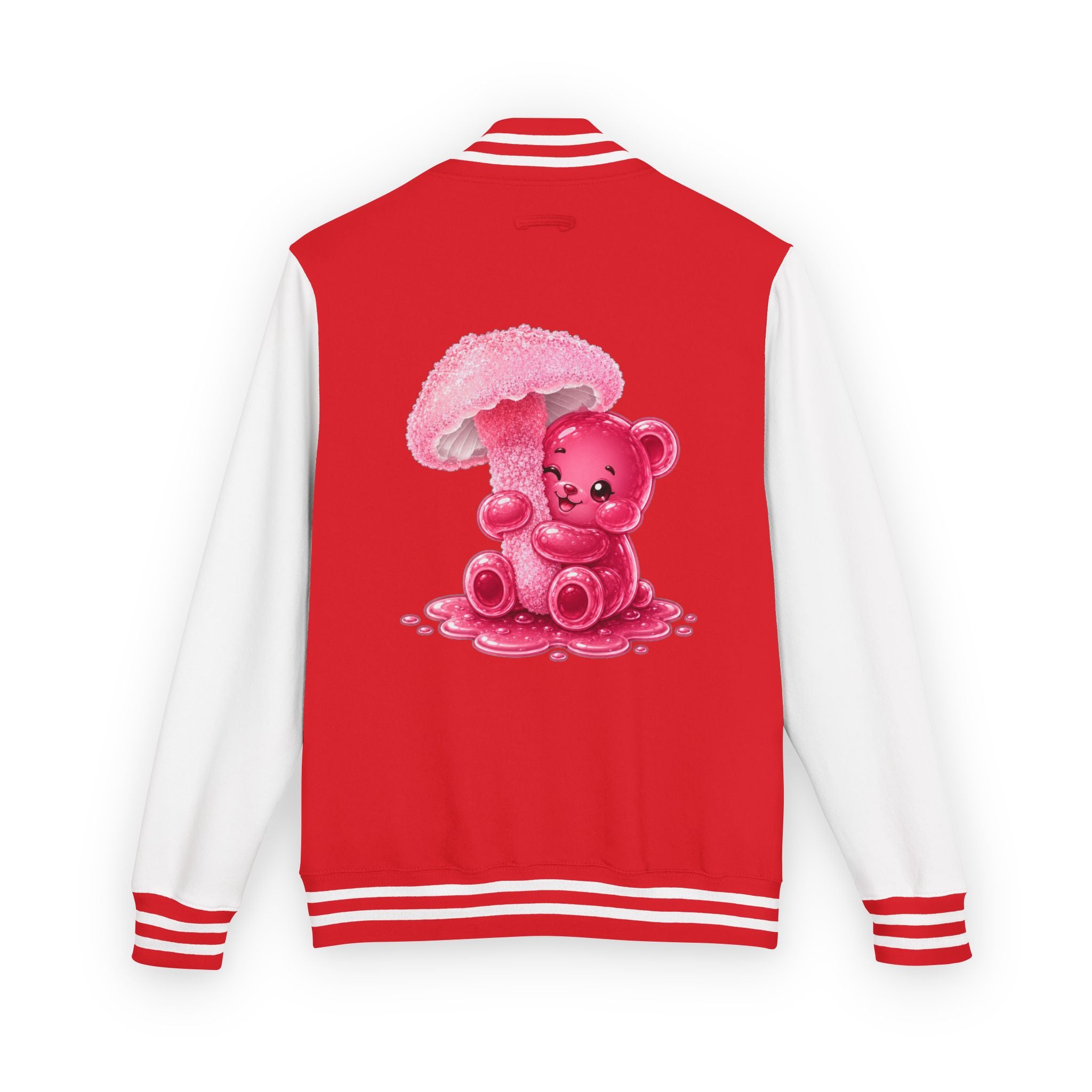 Pretty Pink Mushroom, Gooey Gummy Bear Friend —  Kawaii Graphic Varsity Jacket