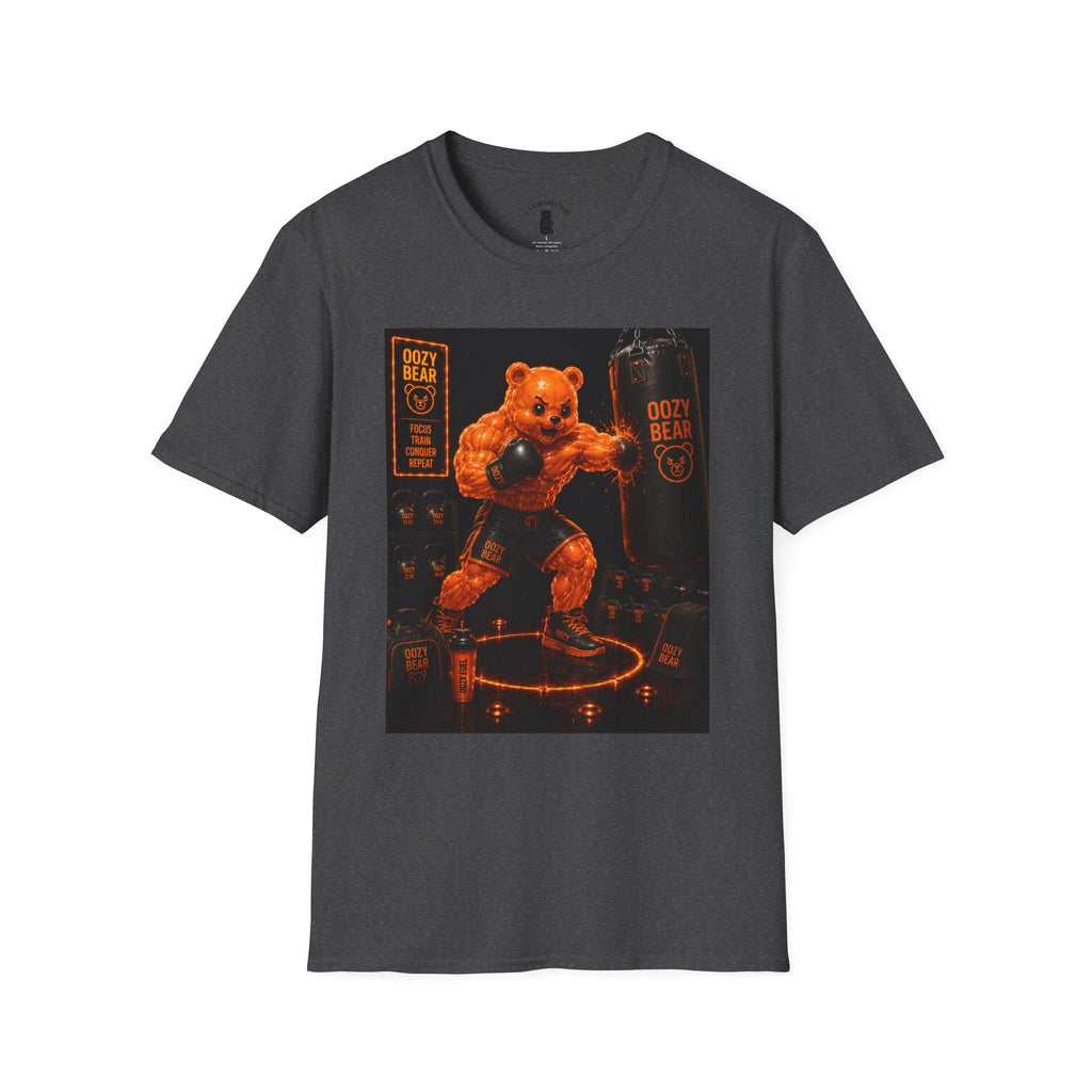 Retro Fighting Ring Workout, Orange Oozy Buff Bear Gummy Gym Addition- Adult Graphic Shirt