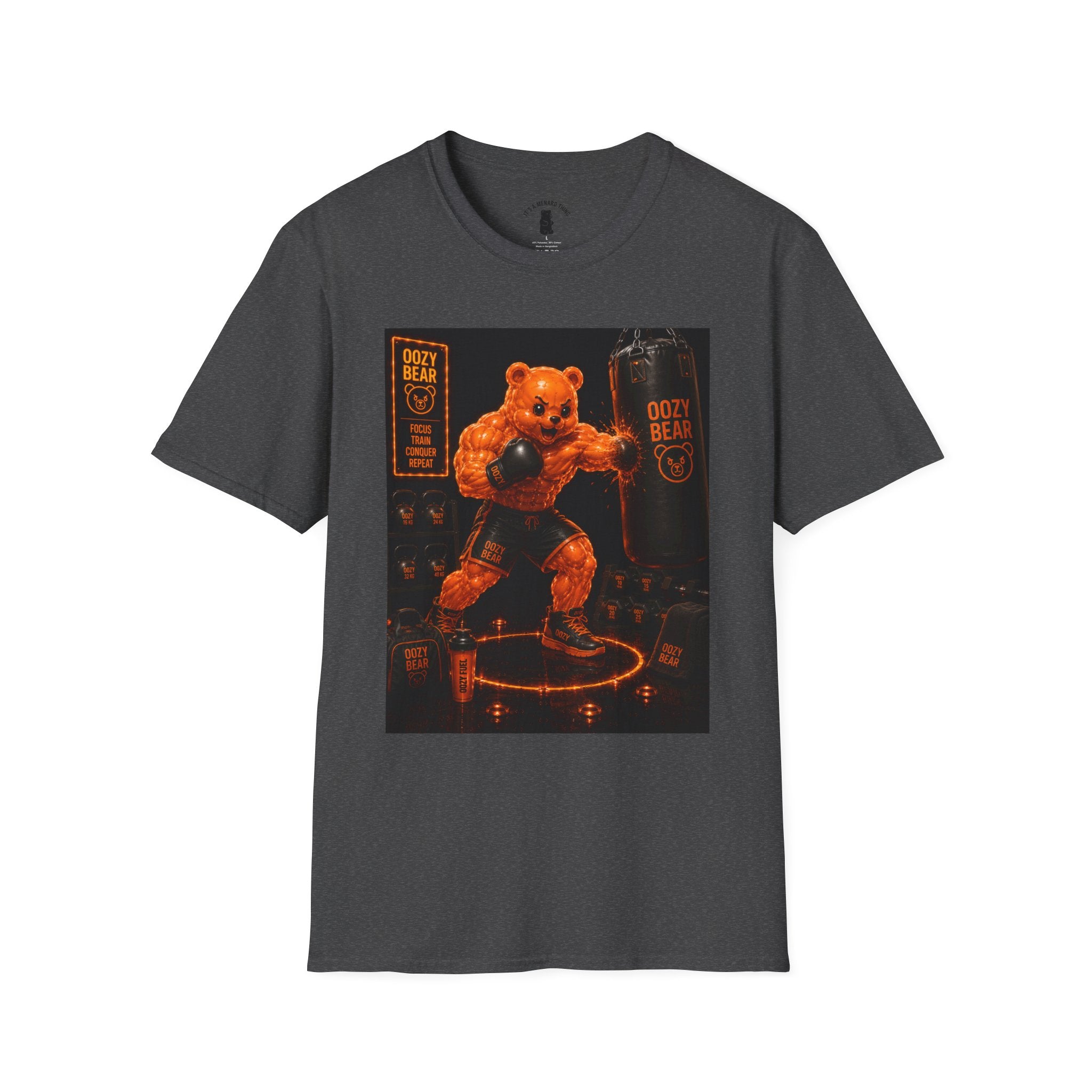 Retro Fighting Ring Workout, Orange Oozy Buff Bear Gummy Gym Addition- Adult Graphic Shirt