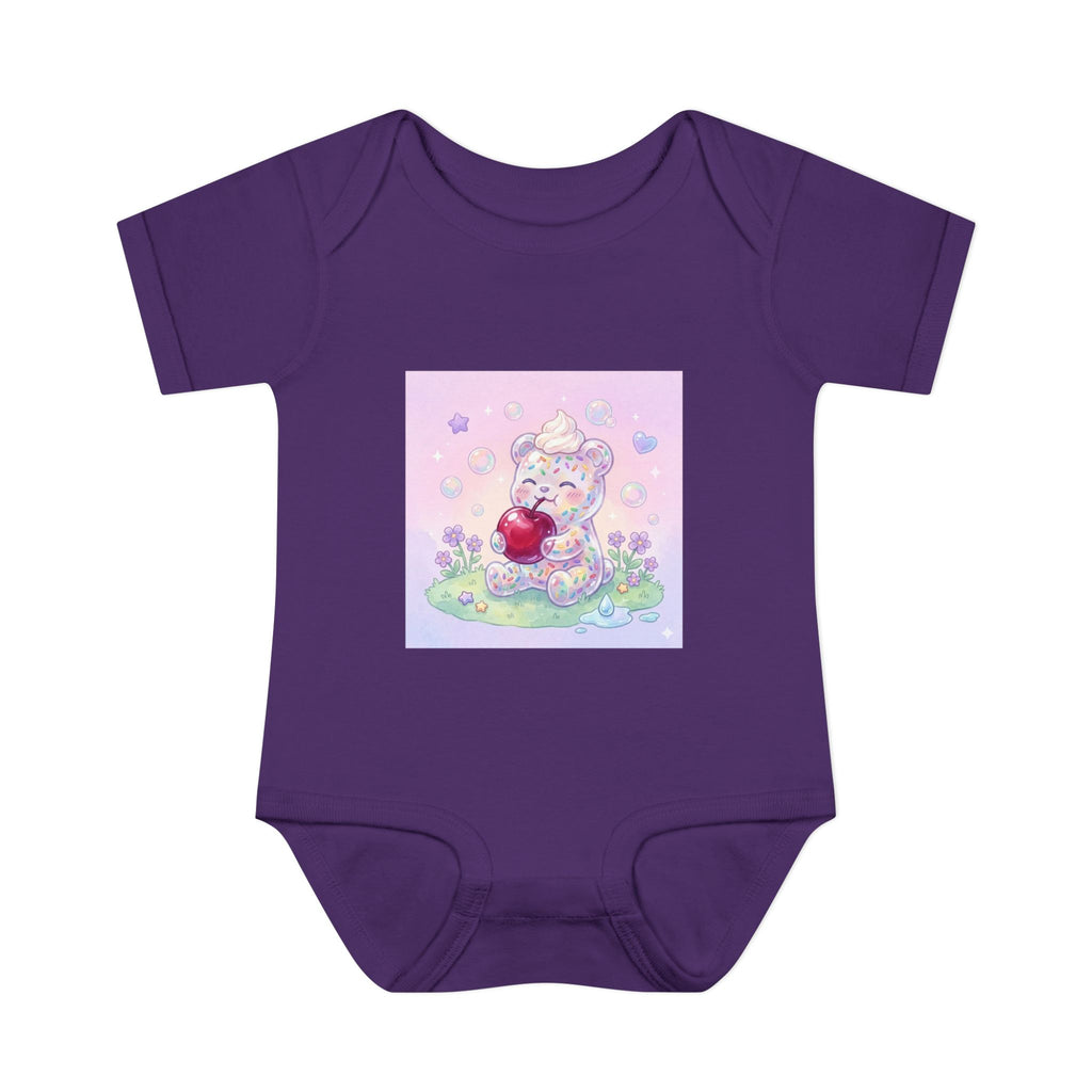 Gooey Gummy Birthday Sprinkles Cake bear eating a Cherry- Infant Onesie