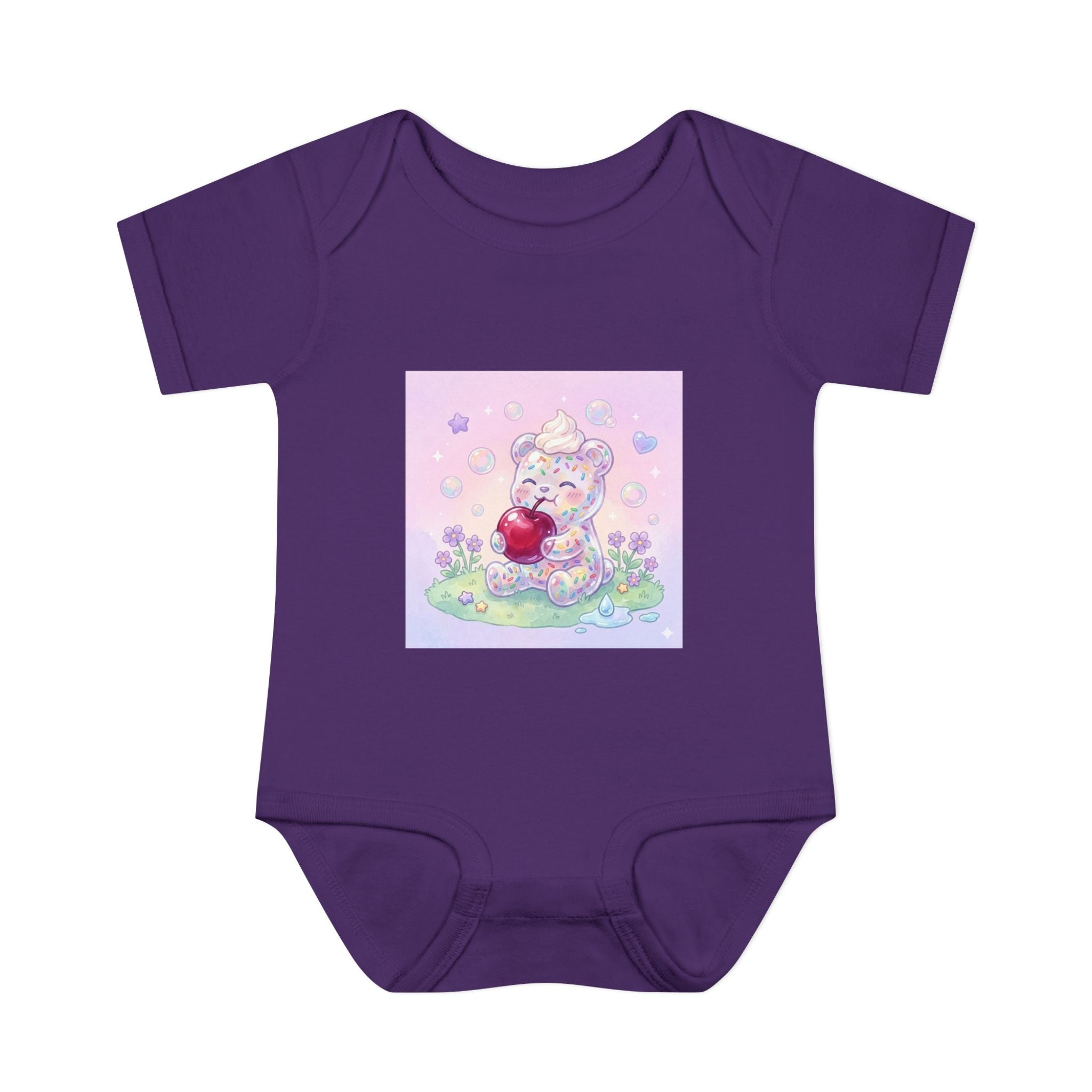 Gooey Gummy Birthday Sprinkles Cake bear eating a Cherry- Infant Onesie