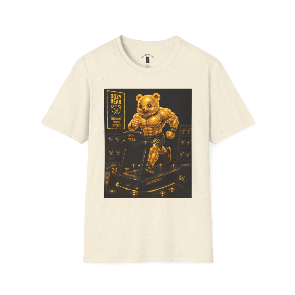 Running The Treadmill, Golden Yellow Oozy Buff Bear Workout- Adult Graphic Shirt
