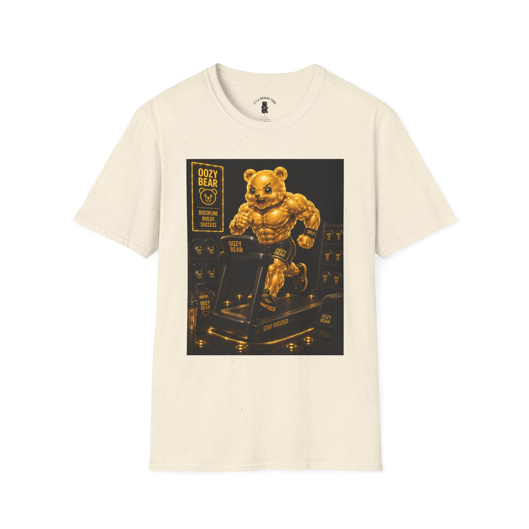 Running The Treadmill, Golden Yellow Oozy Buff Bear Workout- Adult Graphic Shirt
