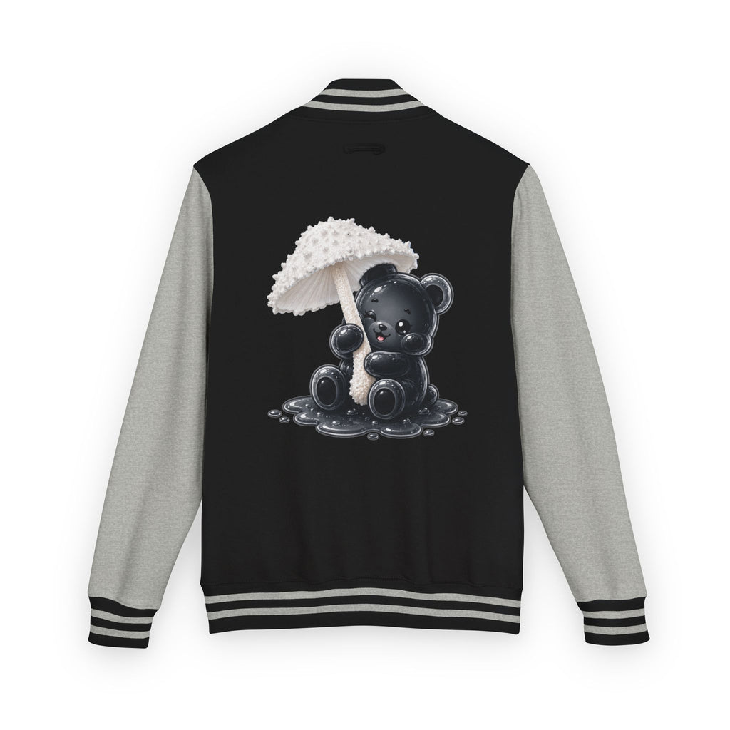 White Mushroom Umbrella, Black Gooey Gummy Bear — Kawaii Graphic Varsity Jacket