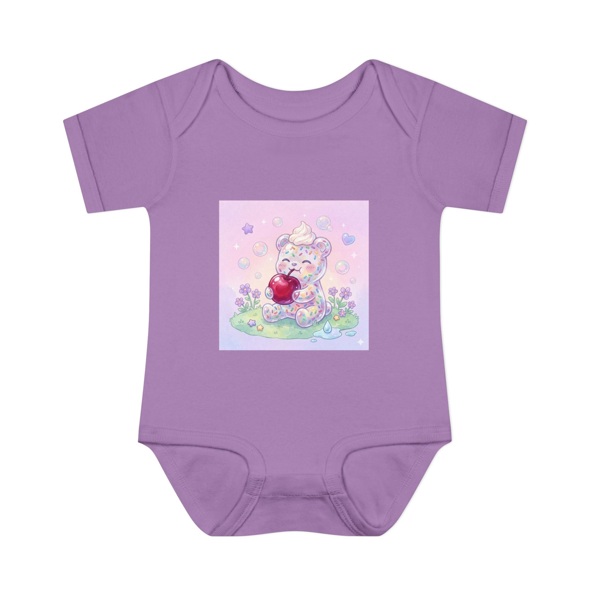 Gooey Gummy Birthday Sprinkles Cake bear eating a Cherry- Infant Onesie