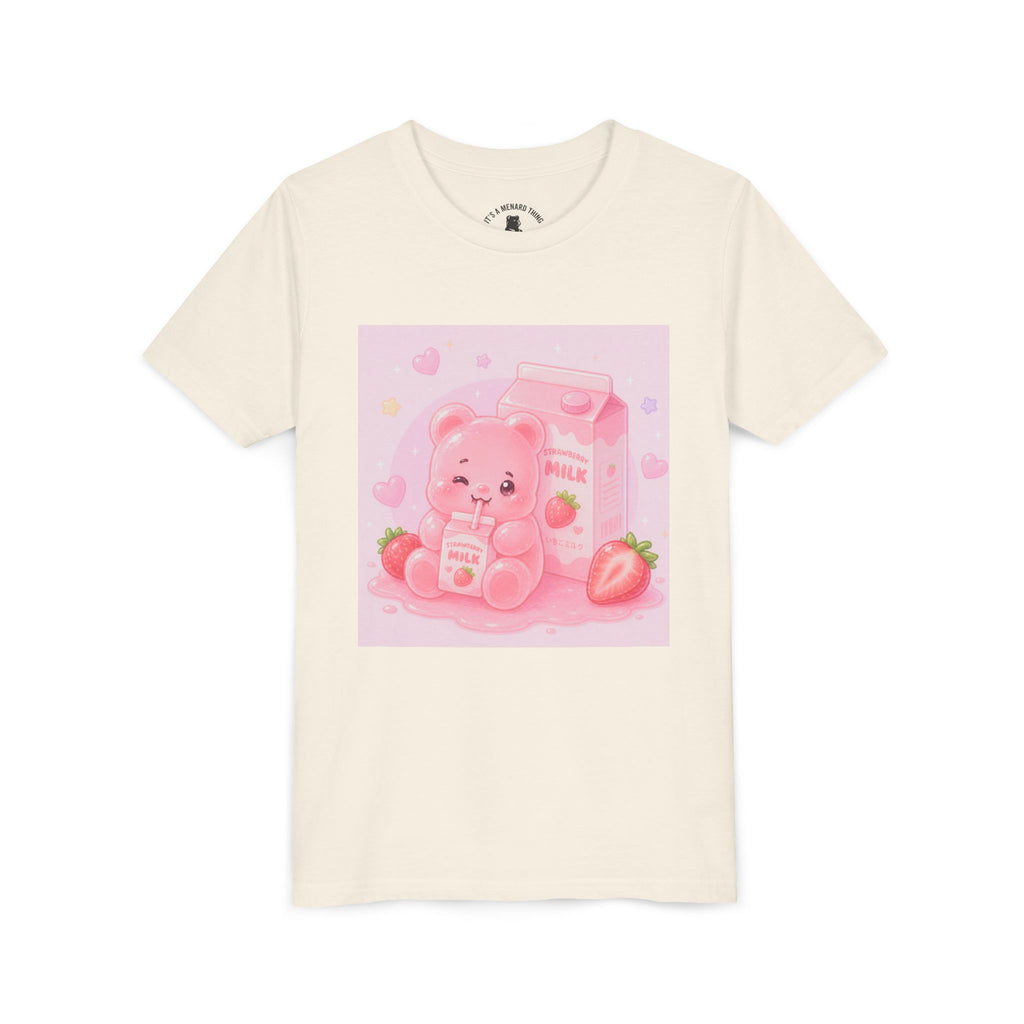 Kids' Pink Strawberry Milk Gooey Gummy Bear— Cute Youth Short Sleeve Shirt