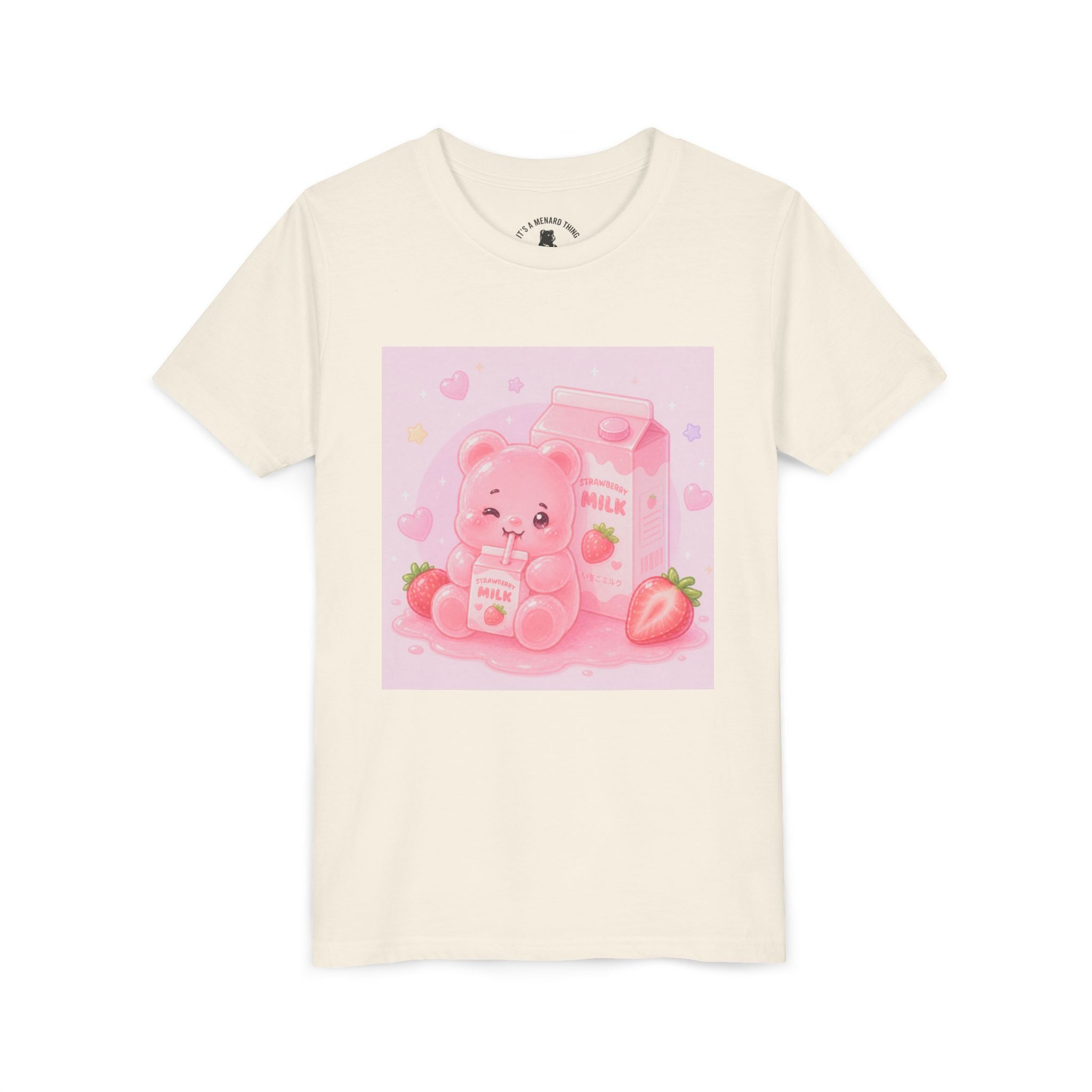 Kids' Pink Strawberry Milk Gooey Gummy Bear— Cute Youth Short Sleeve Shirt