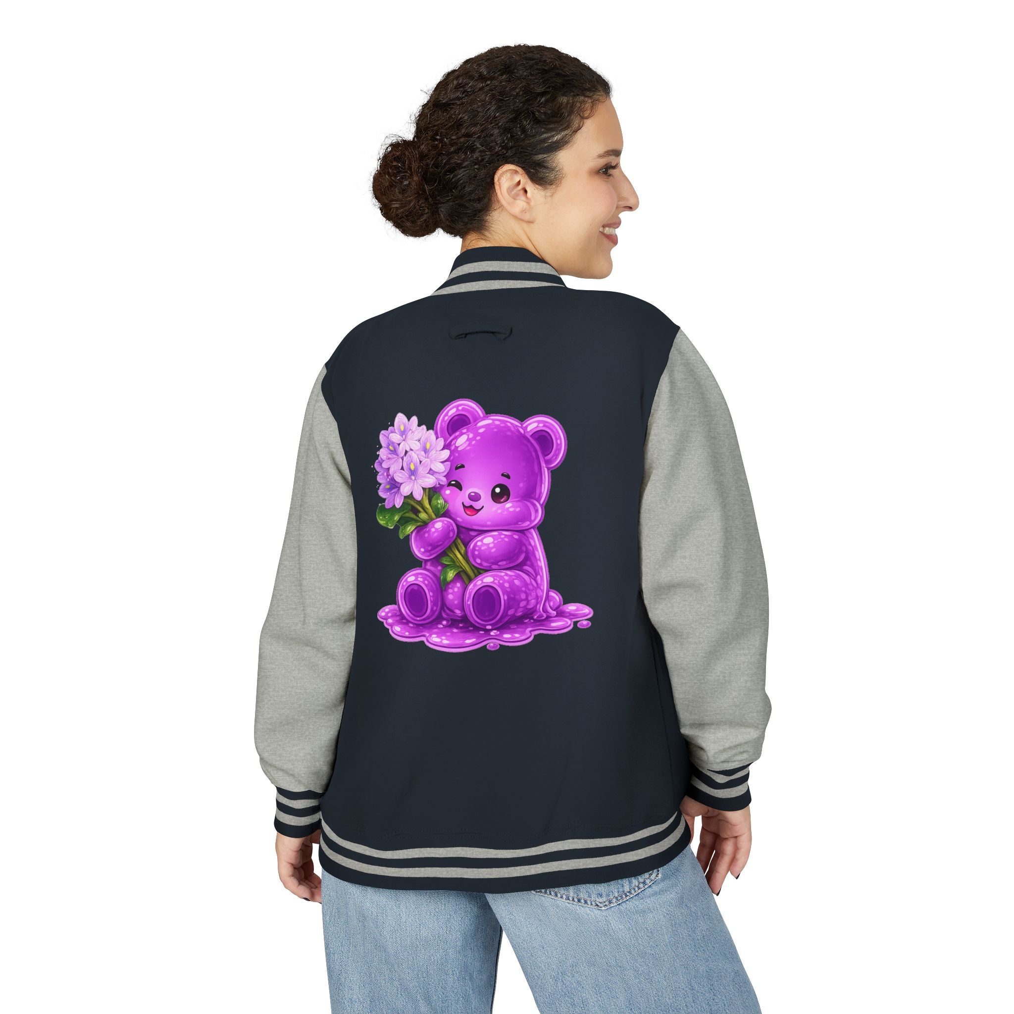 Special Purple Flower Cluster, Oozy Bear Gummy Friend- Letterman Graphic Jacket