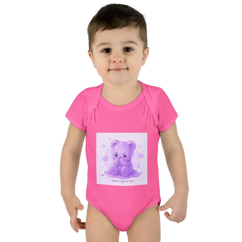 Purple Gooey Gummy Shy bear Baby Bodysuit - "Don't Look at Me" Cute Infant Onesie