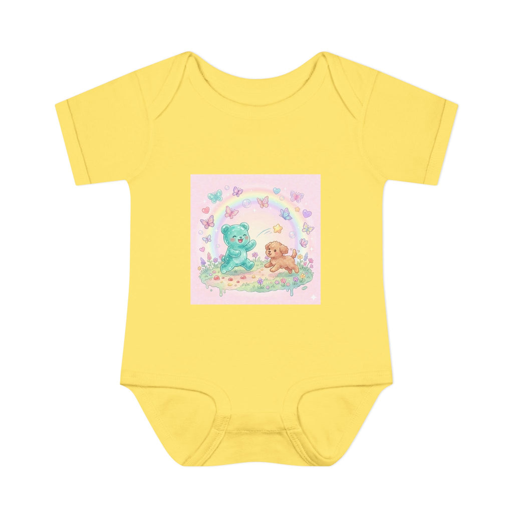 Gooey Gummy Playing Fetch with Puppy, Cute Infant Onesie