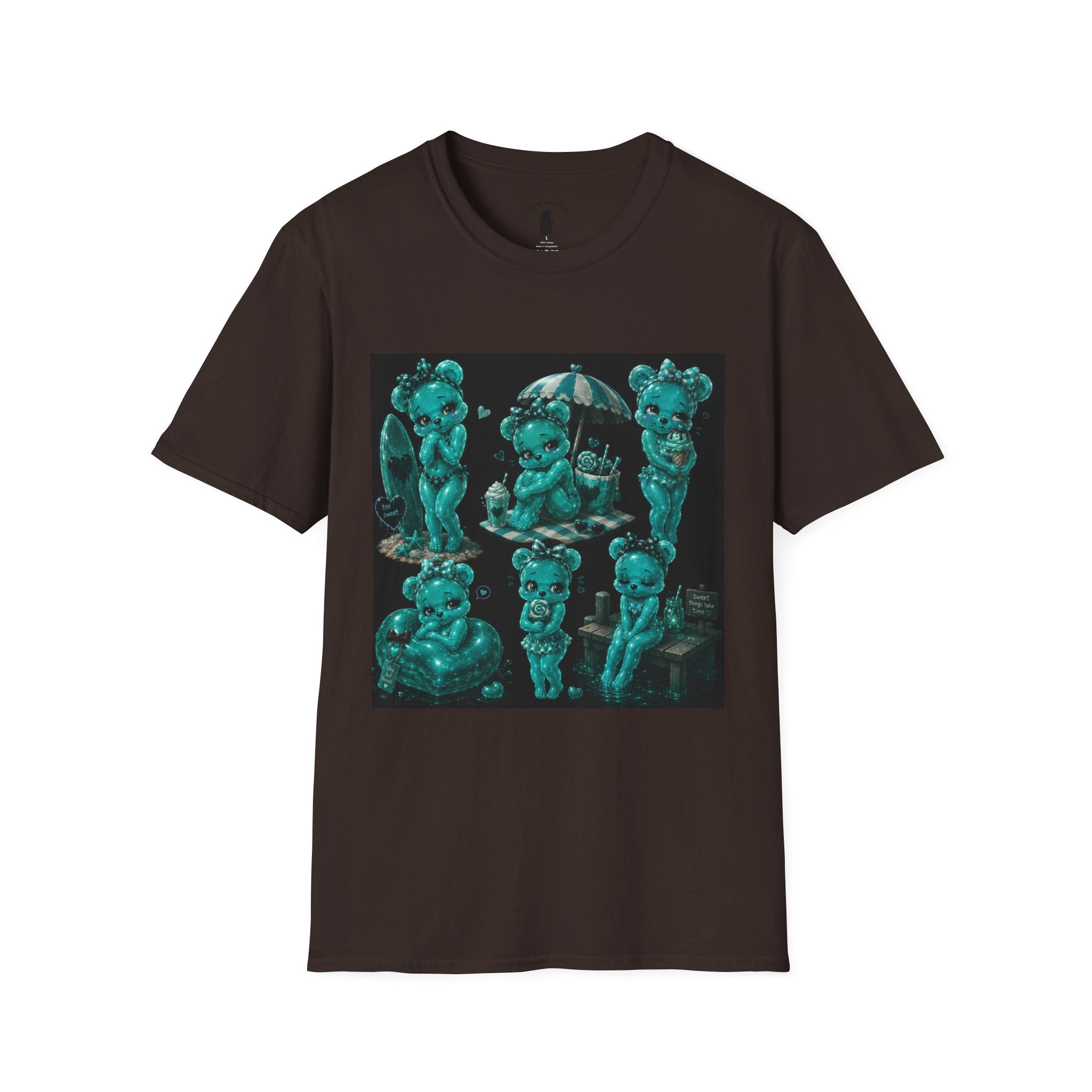 Kawaii Shy Teal Beach Babe Oozy Bear Gummy Pin Up- Adult Graphic Shirt (18+)
