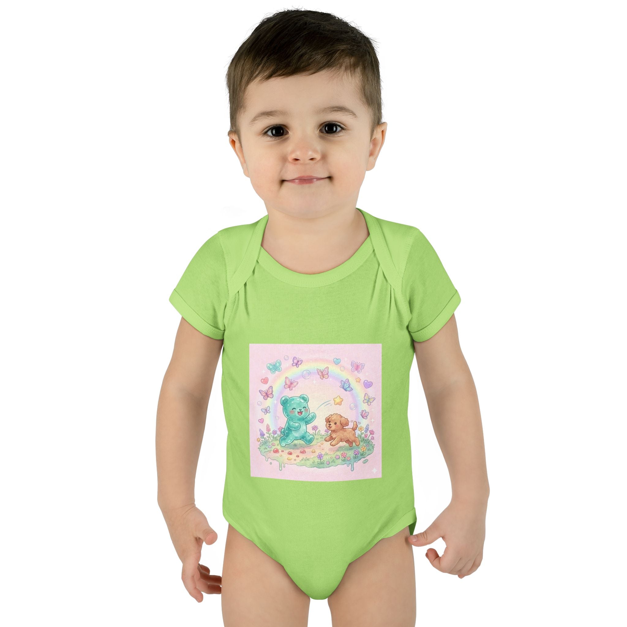 Gooey Gummy Playing Fetch with Puppy, Cute Infant Onesie