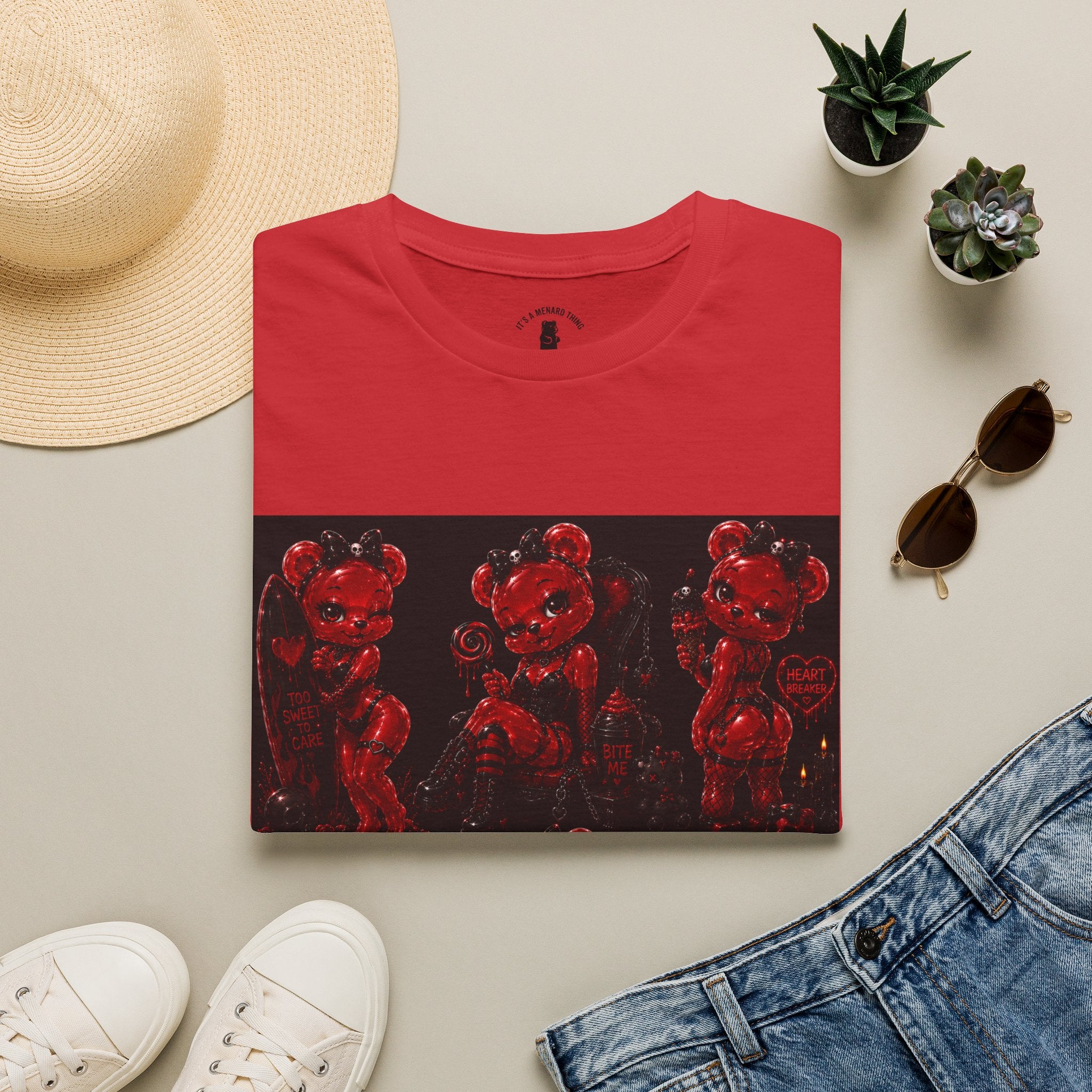 Punk Retro Crimson Red Oozy Bear Babe, Beach Pin Up Addition- Adult Graphic Shirt (18+)