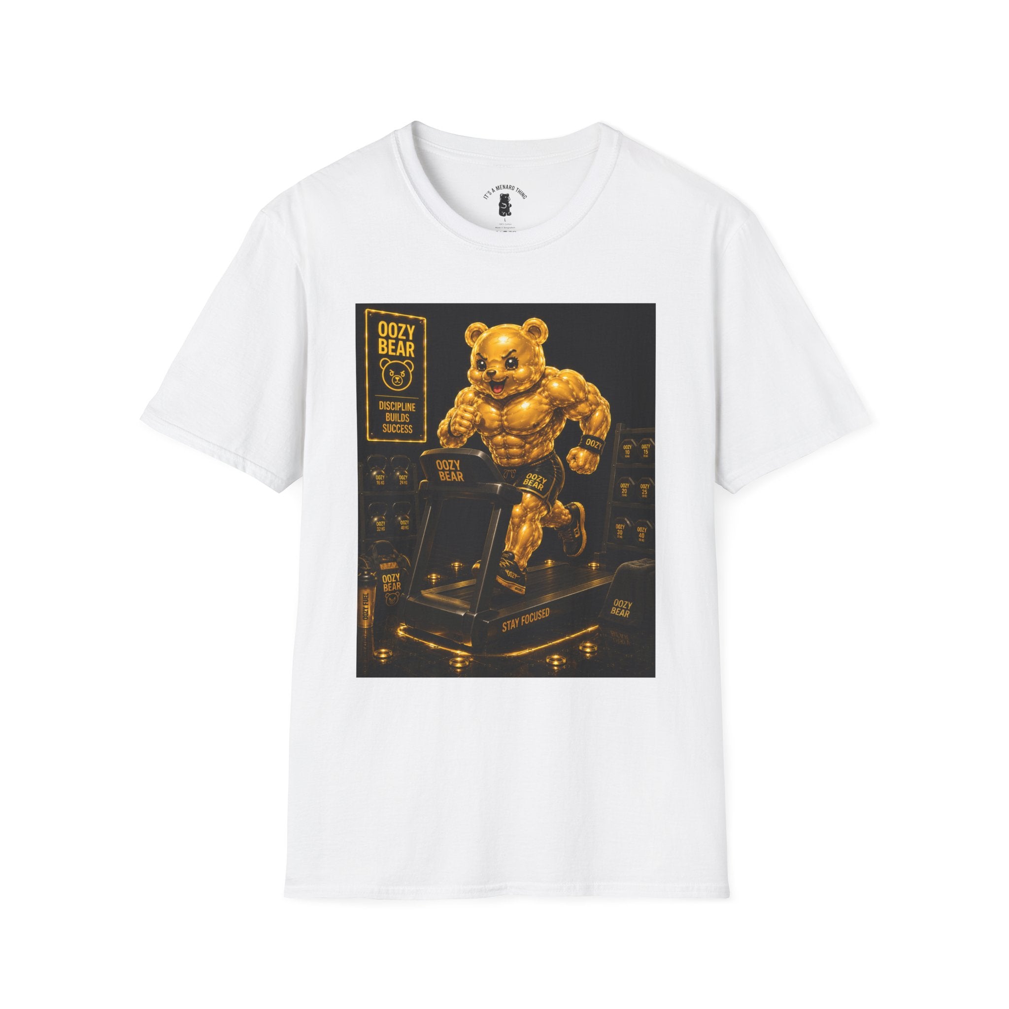 Running The Treadmill, Golden Yellow Oozy Buff Bear Workout- Adult Graphic Shirt