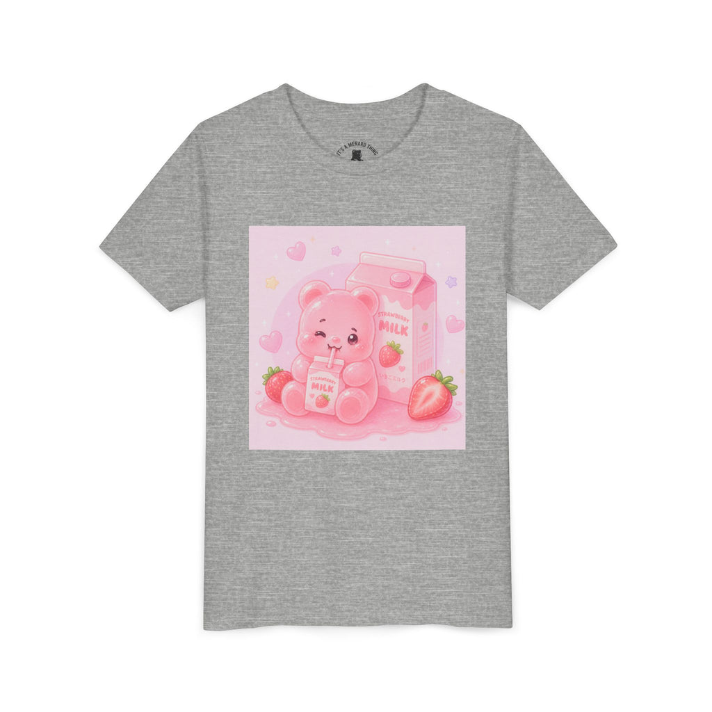 Kids' Pink Strawberry Milk Gooey Gummy Bear— Cute Youth Short Sleeve Shirt