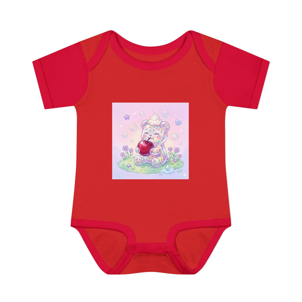 Gooey Gummy Birthday Sprinkles Cake bear eating a Cherry- Infant Onesie