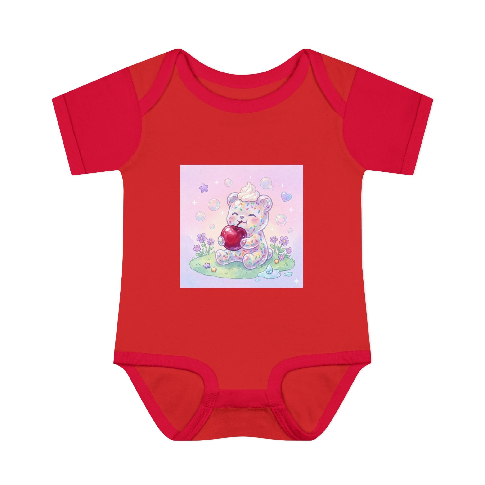 Gooey Gummy Birthday Sprinkles Cake bear eating a Cherry- Infant Onesie