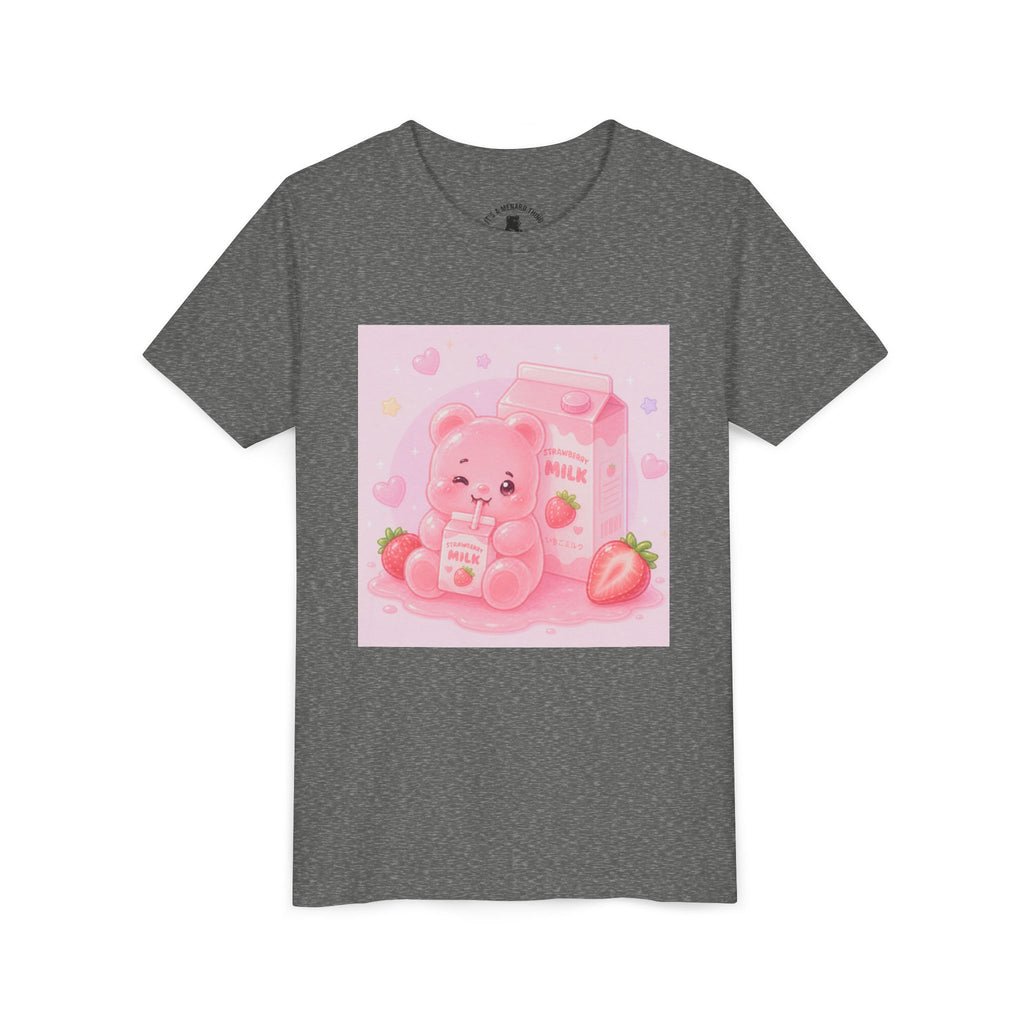 Kids' Pink Strawberry Milk Gooey Gummy Bear— Cute Youth Short Sleeve Shirt