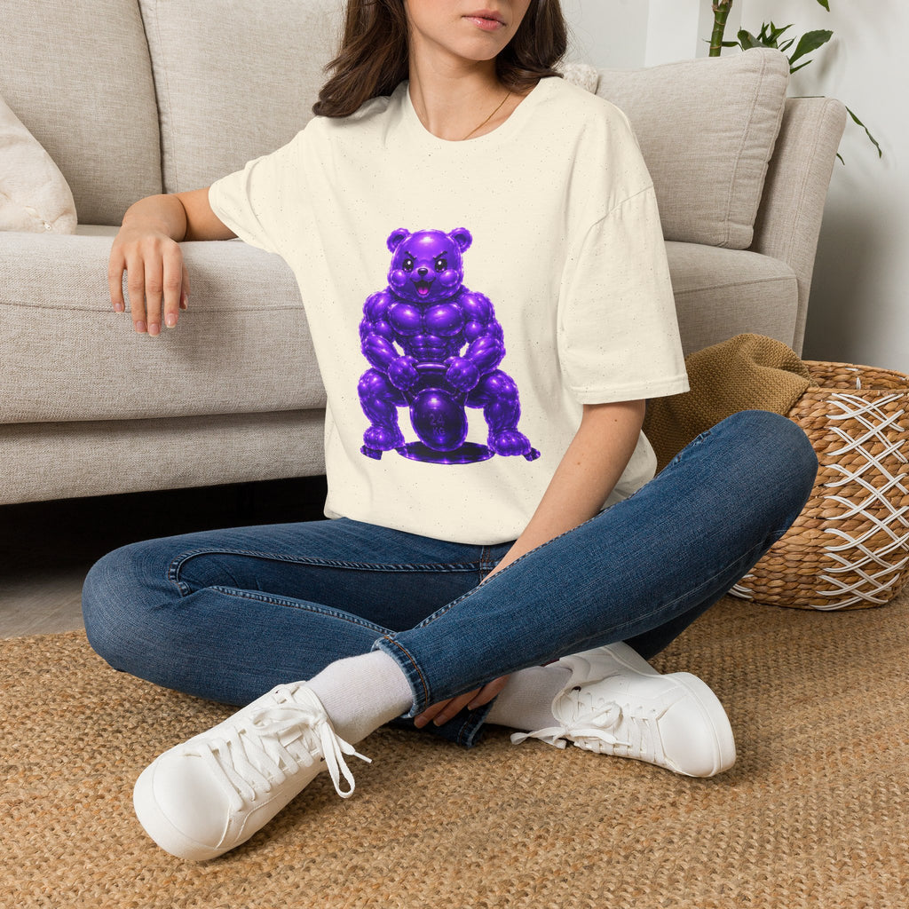 Brawny Violet Oozy Buff Bear with Kettleball Weight- Adult Graphic Shirt (18+)