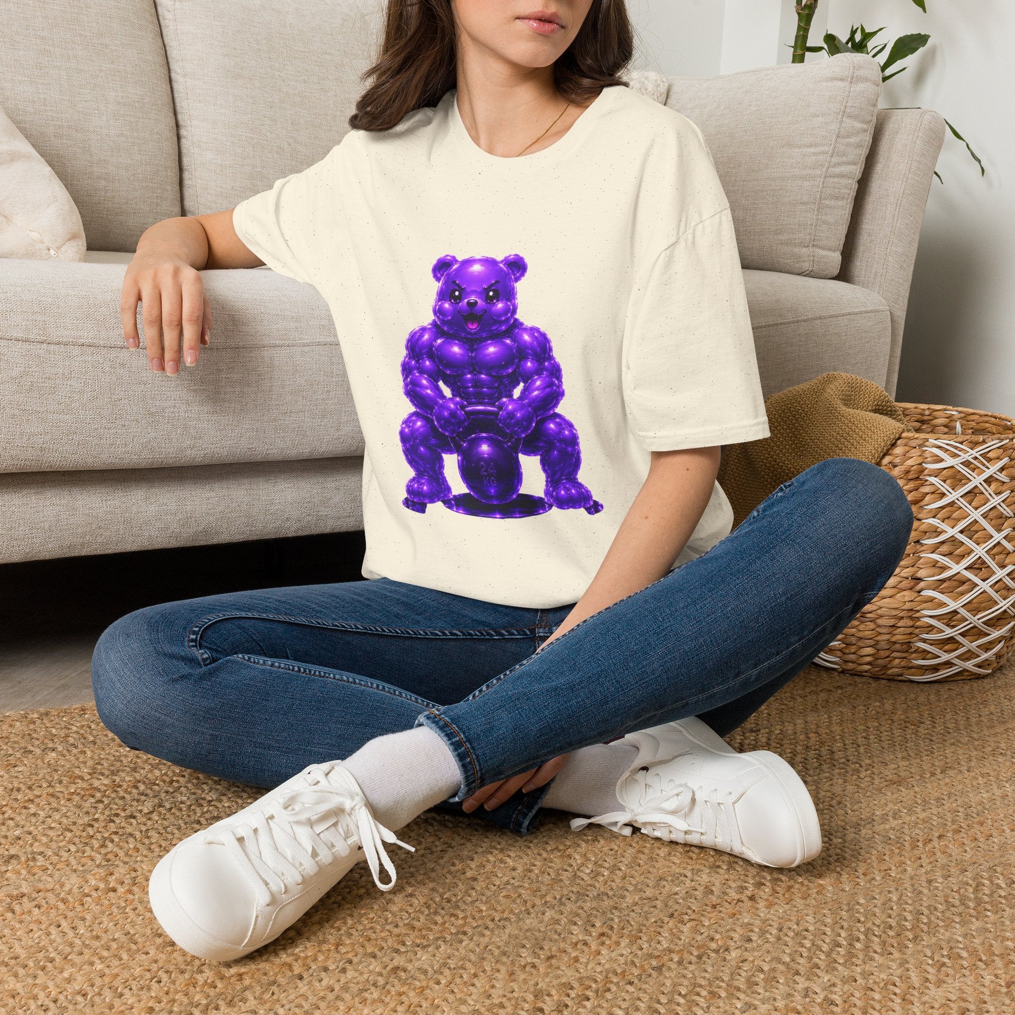 Brawny Violet Oozy Buff Bear with Kettleball Weight- Adult Graphic Shirt (18+)