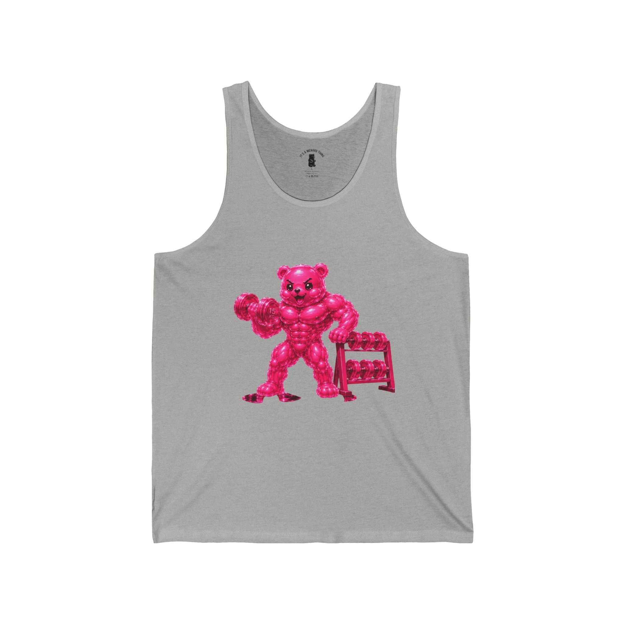 Fitness Work Out, Neon Pink Oozy Buff Bear Gummy Gym Addition- Adult Graphic Tank Top