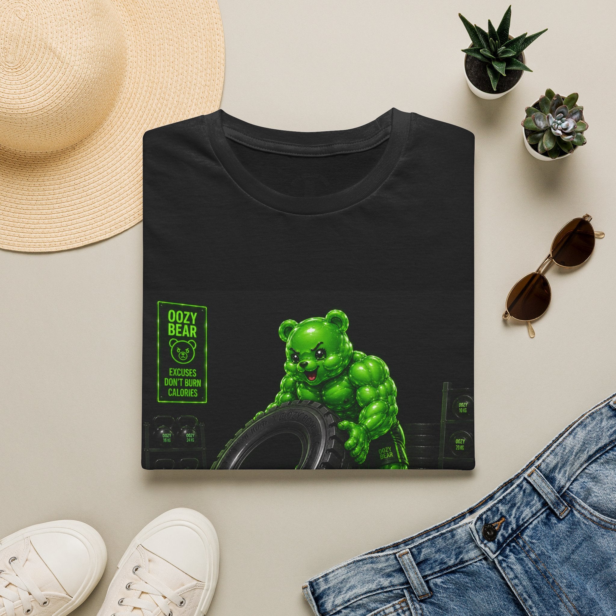 Tire Flipping Work Out, Emerald Oozy Buff Bear Gym Addition- Adult Graphic Shirt
