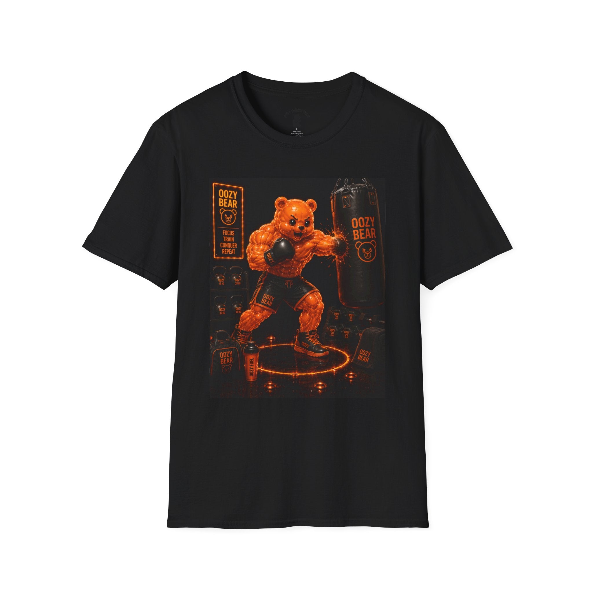 Retro Fighting Ring Workout, Orange Oozy Buff Bear Gummy Gym Addition- Adult Graphic Shirt