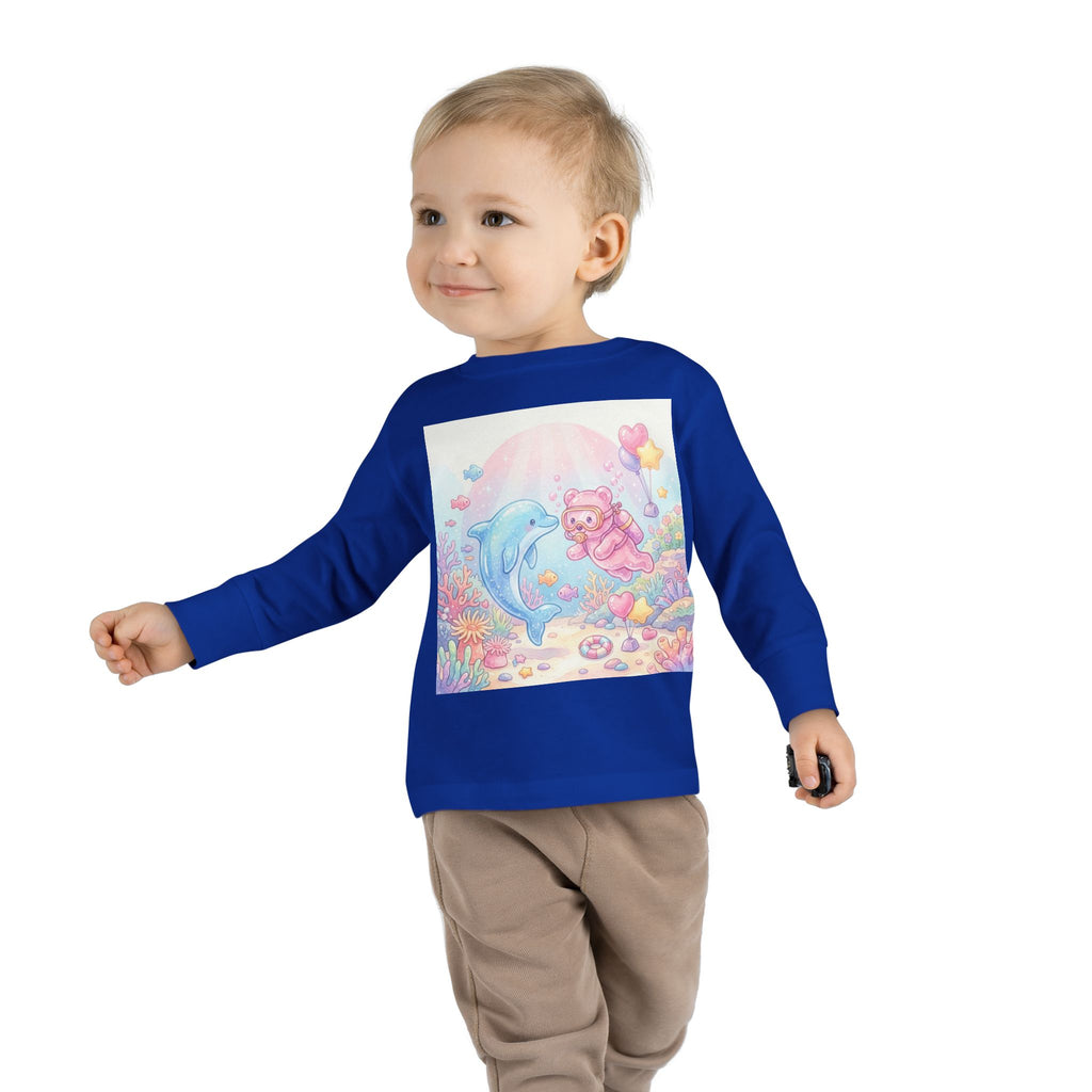Cute Dolphin & Scuba Oozy Bear Pastel Underwater Friends- Graphic Long Sleeve Shirt