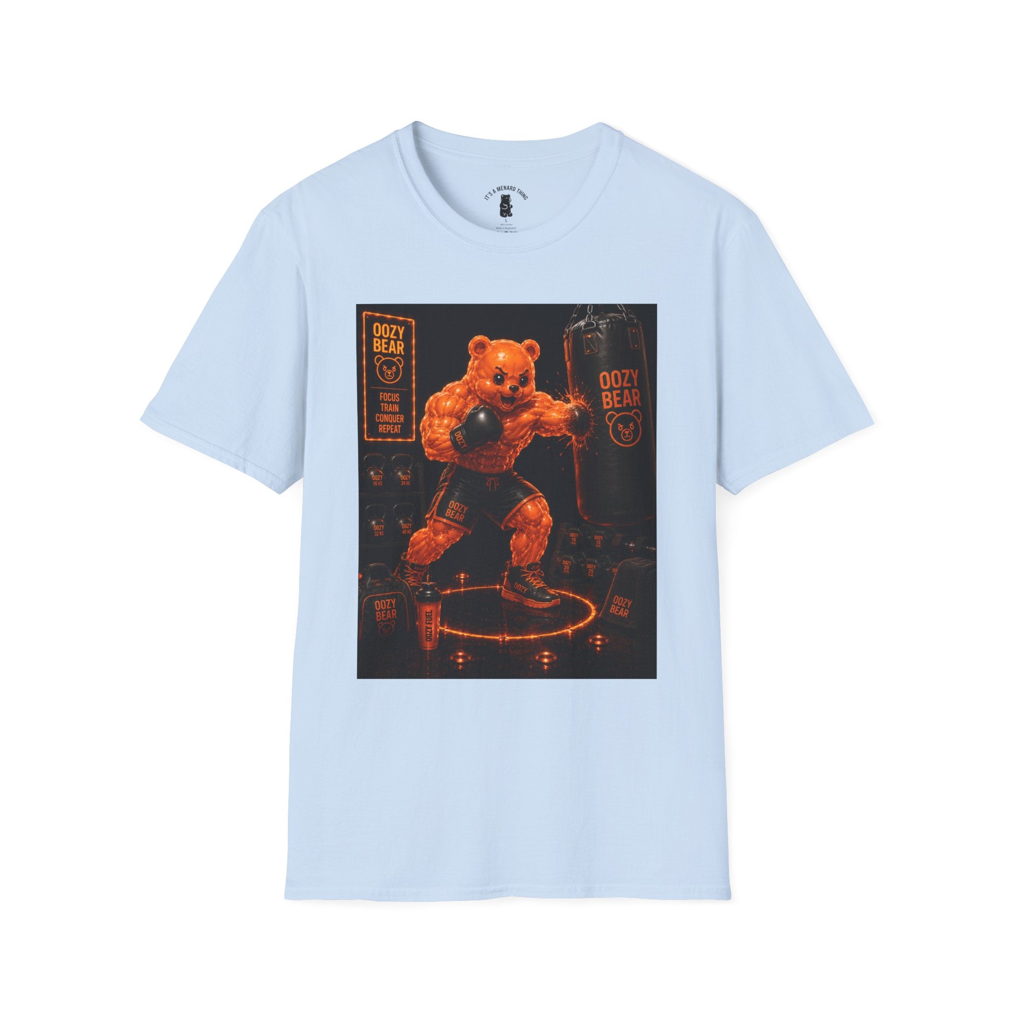 Retro Fighting Ring Workout, Orange Oozy Buff Bear Gummy Gym Addition- Adult Graphic Shirt