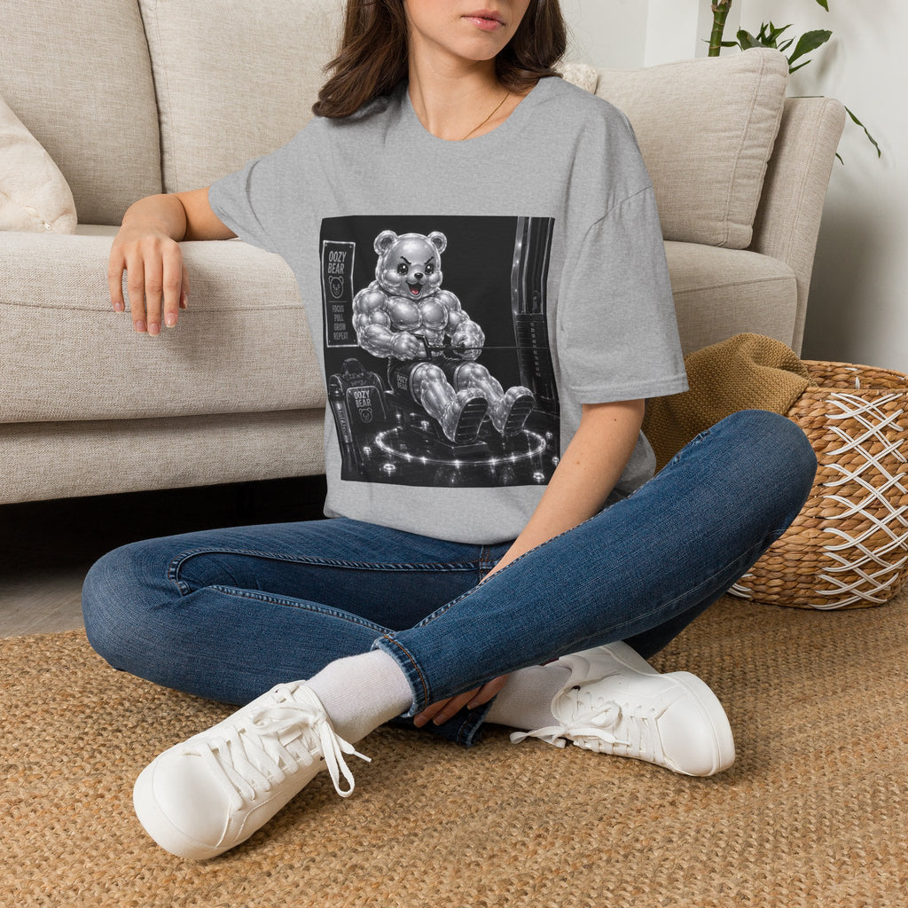 Working on the Bench, Silver Oozy Buff Bear Gummy Gym Addition- Adult Graphic Shirt