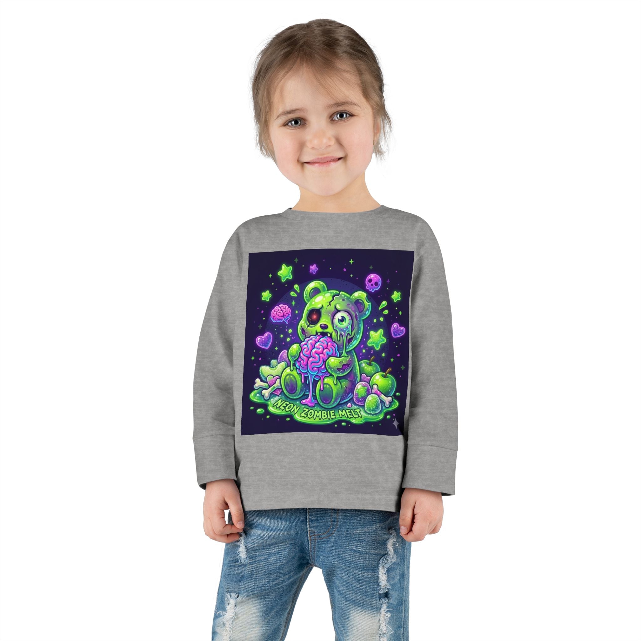Neon Zombie Oozy Bear Gummy Halloween Addition- Kids Graphic Long Sleeve Shirt