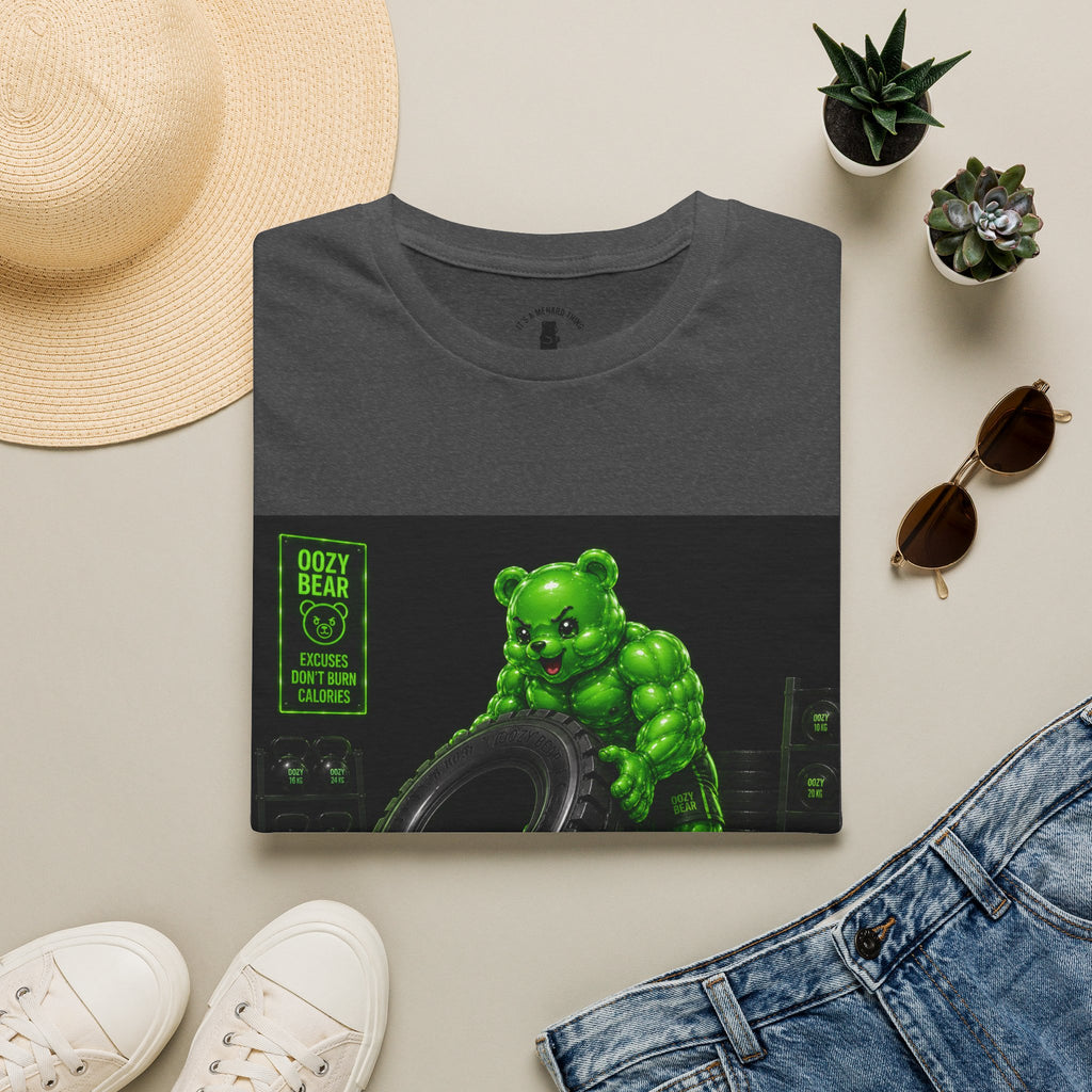 Tire Flipping Work Out, Emerald Oozy Buff Bear Gym Addition- Adult Graphic Shirt