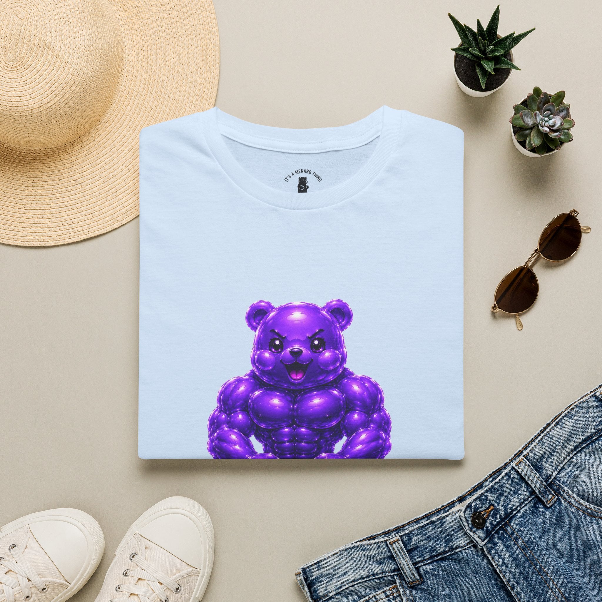 Brawny Violet Oozy Buff Bear with Kettleball Weight- Adult Graphic Shirt (18+)
